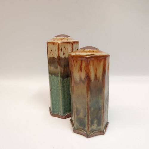 #221107 Salt & Pepper Shaker Green/Tan/Blk $16.50 at Hunter Wolff Gallery